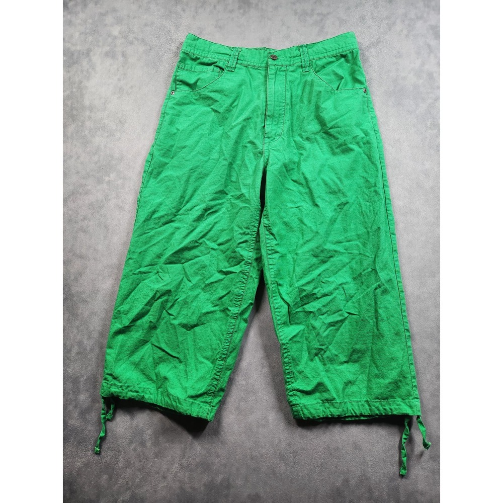 90s Y2K Raw Blue Cropped Cargo Parachute Pants Sz 30 Rave Draw String Green Jnco